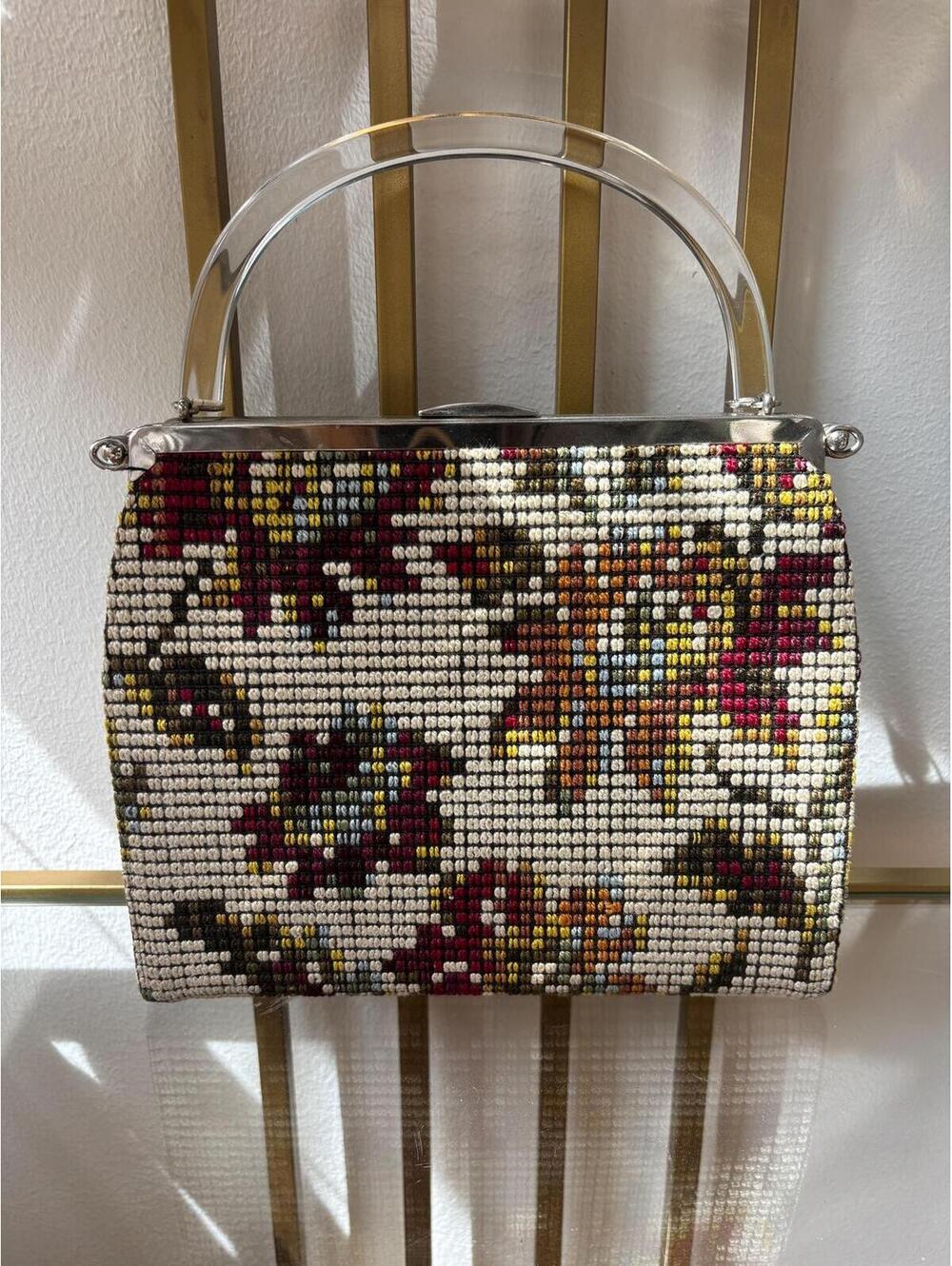 Vintage 1950s/60s Tapestry Lucite Handle Handbag